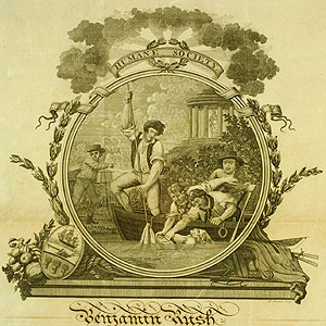 Fig. 4. Drawing on a visual language derived from Copley’s Watson and the Shark, membership certificates of the Humane Society of Philadelphia emphasized the active preservationist agenda of this moral reform group. Detail of Benjamin Rush’s Diploma of Membership in the Humane Society of Philadelphia. Issued in 1805. Library Company of Philadelphia. Courtesy the Library Company of Philadelphia.