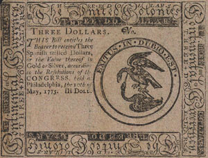 Fig. 1. Front of the three-dollar bill, printed in Philadelphia, May 10, 1775. Courtesy of the American Antiquarian Society.