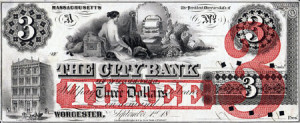 Fig. 3. Front of a three-dollar bill privately issued by the City Bank of Worcester, Massachusetts, circa late 1850s. Courtesy of the American Antiquarian Society.