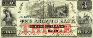 Fig. 4. Front of a three-dollar bill privately issued by the Asiatic Bank of Salem, Massachusetts, November 1, 1864. Courtesy of the American Antiquarian Society.