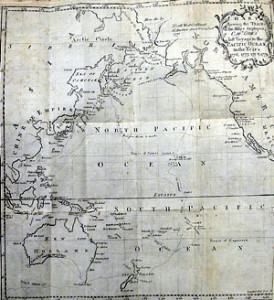 Fig. 1. Chart showing the tracks of the ships employed in Captain Cook's last voyage to the Pacific Ocean in the years 1776-79, frontispiece of John Ledyard, A Journal of Captain Cook’s Last Voyage to the Pacific Ocean (Hartford, 1783). Courtesy of the American Antiquarian Society.