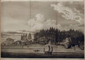 Fig. 3. "Friendly Cove, Nootka Sound," by William Alexander, from a sketch by H. Humphries; from George Vancouver, A Voyage of Discovery to the North Pacific Ocean and Round the World, vol. 2 (London, 1798). Courtesy of the American Antiquarian Society.