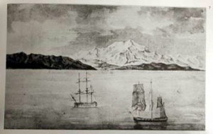 Fig. 2. Malaspina’s ships first approached the Northwest at Mount. St. Elias, as shown in this painting, "Corbetas Descubierta y Vista de [San Elias?]." From Thomas Vaughan, Voyages of Enlightenment: Malaspina on the Northwest Coast 1791/1792 (Portland, 1977). Courtesy of the Museo de America de Madrid and of the American Antiquarian Society.