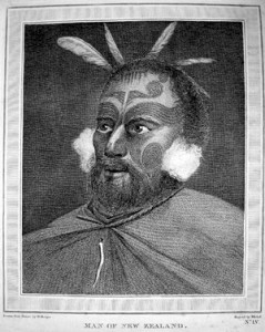 Fig. 2. "Man of New Zealand." Plate 55, drawn by W. Hodges and engraved by Michel in Plates for Cook's 2nd Voyage, 1772-75. Courtesy of the American Antiquarian Society.