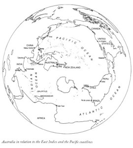 Fig. 1. In framing his proposal for a settlement on the coast of New South Wales, Matra conceived of the world in a way that was impossible to Europeans before Cook’s voyages: with Australia in the Pacific at its center. With permission of the author.
