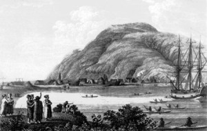 Fig. 1. "Three Saints Bay," engraving by Luka Voronin, artist to the Billings-Sarychev expedition, 1790-1792 in Sarychev’s atlas, published in 1826. Courtesy of the Archives, Alaska and Polar Regions Collections, Rasmuson Library, University of Alaska Fairbanks.