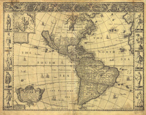 Fig. 2. Map showing the oceans listed as the North Sea and the South Sea. "America with Those Known Parts in That Unknowne Worlde,"1626. Courtesy of the American Antiquarian Society. 