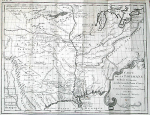 Carte de la Louisiane, or Map of Louisiana, from Antoine-Simon Le Page du Pratz, Histoire de la Louisiane (1757). Courtesy of the American Antiquarian Society. (Click to enlarge in a new window.)