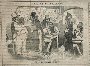 "The Pewter Mug on a Saturday Night." Front Page of The Weekly Rake, October 22, 1842. Courtesy of the American Antiquarian Society.