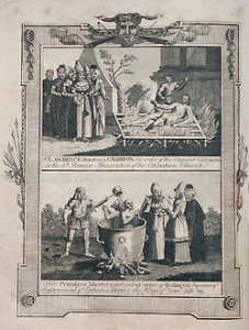 Top, "St. Lawrence Burnt on a Gridiron by order of the Emperor Valerianus in the 8th Roman Persecution of the Christian Church"; Bottom, "Two Primitive Martyrs put into Copper of Boiling Oil by order of the Proconsul of Ephesus during the Reign of Nero. AD 69." Courtesy of the American Antiquarian Society.