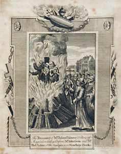 "The Burning of Mr. Julius Palmer (Fellow of the Magdalen College Oxford), Mr. John Givin, and Mr. Tho(ma)s Askiw at the Sandpits near Newbery Berks." Courtesy of the American Antiquarian Society.