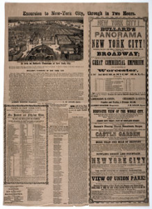 Fig. 1. "Excursion to New York City, through in two hours, New York City! Bullard's Panorama of New York City!... Worcester in Mechanics' Hall," advertisement/broadside, one sheet, 60 x 43 cm. (October 7, 1858). Courtesy of the American Antiquarian Society, Worcester, Massachusetts. Click to enlarge in new window