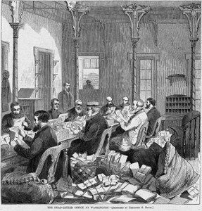Fig. 1. "Dead-Letter Office at Washington," sketched by Theodore R. Davis from Harper's Weekly, February 22, 1868. Courtesy of the American Antiquarian Society, Worcester, Massachusetts.