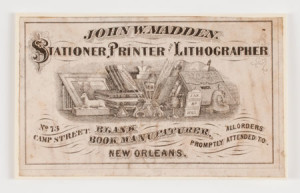"John W. Madden: Stationer, Printer and Lithographer, New Orleans, Jan. 8, 1815." Bookseller label, Box 2, Range 4, Station B. Courtesy of the Bookseller Collection, American Antiquarian Society, Worcester, Massachusetts.