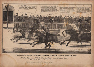 Fig. 3. This cartoon pictures William Henry Harrison, Martin Van Buren, Hugh Lawson White, and Daniel Webster as horses in the 1836 presidential election. Each is ridden by a jockey emblematic of the candidate's background, with "Old Tippecanoe" bearing a rugged frontiersman on his way to victory over Van Buren's ties with lame duck Andrew Jackson, followed by the Southern gentleman White and the proper New Englander Webster. The title of the cartoon furthers the metaphor, referring to the election as part of the "Fall Races" at the "Union Track." Racing events were clustered into biannual week-long race meetings, one in the spring and one in the fall. "Political Race Course—Union Track—Fall Races 1836," lithograph, engraved by H.R. Robinson (29.3 x 44.3 cm.), New York, 1836. Courtesy of the Political Cartoon Collection, American Antiquarian Society, Worcester, Massachusetts. Click on image to enlarge in new window.