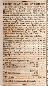 Balance sheet for "Profit on an Acre of Carrots," taken from page 235 of The Soil of the South, Vol. II, No. 3, March 1852, Columbus, Georgia. Courtesy of the American Antiquarian Society, Worcester, Massachusetts.