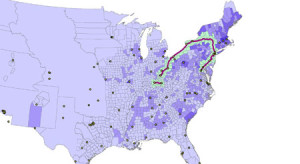 Fig. 7. This map shows the path of Clay's remains juxtaposed over the population data from the 1850 federal census. The light green shaded area indicates the twenty-mile buffer around Clay's path, and the path of the Ohio River covers the missing section of purple line. Six million people, almost twenty-six percent of the total population, lived within twenty miles of the path of Clay's remains. Map created by Sarah Purcell and Justin Erickson. Justin Erickson helped create this map as part of a Mentored Advanced Project at Grinnell in the fall 2009 semester. Courtesy of the author.