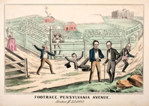 Fig. 7. Notice the tricky "tariff grease" laid down by Whig vice-presidential nominee Theodore Frelinghuysen to sink James K. Polk and support his ticket-mate, Henry Clay. The cartoon mocks Polk's inability to navigate around the sabotage. "Foot Race, Pennsylvania Avenue, Stakes, $25,000," lithograph, engraved by J. Baillie, New York, 1844. Courtesy of the Political Cartoon Collection, American Antiquarian Society, Worcester, Massachusetts. Click on image to enlarge in new window.