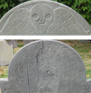 Figs. 3. and 4. The death's head and the urn and willow, along with cherubs, were the most common mortuary symbols found in early American cemeteries. While the death's head was ubiquitous during the colonial and Revolutionary eras, the more elegant (and less ominous) urn and willow motif became widespread during the years of the Early Republic. Image courtesy of the author.