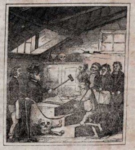 Fig. 3. "View of a Mason taking his First Oath," H. B. Hall, eng. Title page vignette, An account of the savage treatment of Captain William Morgan, in Fort Niagara,: who was subsequently murdered by the Masons, and sunk in Lake Ontario, for publishing the secrets of Masonry (Fifth Edition), by Edward Giddins, formerly keeper of the fort and a Royal Arch Mason (Boston, 1829). Courtesy of the American Antiquarian Society, Worcester, Massachusetts.