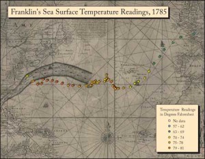 Franklin's data charted. Image created by the author, based on the Franklin-Folger chart of the Gulf Stream (above). Courtesy of the Library of Congress Website.