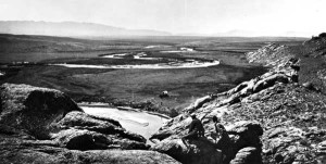 "Looking up the Sweetwater from the top of Devil's Gate." There are people here in the middle of nowhere, says the picture. W. H. Jackson photo, courtesy of the USGS archives.