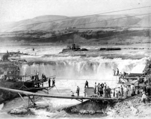 The Horseshoe Falls, the most photographed part of Celilo Falls, was close to the Oregon shore. Until its inundation, Celilo Falls was by far the biggest tourist attraction in the state. Photo copyright © 1952 Wilma Roberts.
