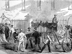 "Receiving and Removing Dead Bodies at the Morgue," from J. F. Richmond, New York and Its Institutions (New York, 1871-72). Workers handling a casket, a horse-drawn hearse, a shrouded body being taken from a cart, and several ladies and gentlemen visiting the morgue. Courtesy of the American Antiquarian Society.