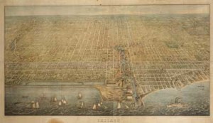 A bird's-eye view of Chicago in 1857. ICHi-05664; Palmatary view published by Braunhold & Sonne in 1857. Courtesy of the Chicago History Museum.