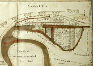 Ambrose Crowley’s plant at Swalwell was built in the first decade of the eighteenth century, a mile downstream from Winlaton Mill, his existing factory in the Derwent Valley. When inventoried in 1728, which may have been the occasion for the drawing up of this plan, the Swalwell works included two steel furnaces (although only one, "No. 4," with its conical chimney, is shown here), associated forge hammers, a slitting mill, a blade mill, four anchor shops, air furnaces valued at £100, three warehouses, five hoe makers’ shops, and shops for the making of frying pans, patten rings, and nails. Courtesy of the Tyne and Wear Archives Service, DX104/1. Not to be reproduced without permission.