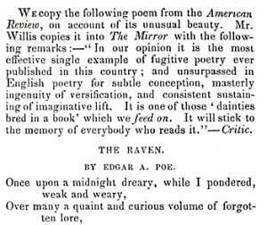 Introduction to Poe's poem The Raven, from Littell's Living Age, E. Littell, editor, Vol. VI, July, August, September (July 26, 1845). Courtesy of the American Antiquarian Society.