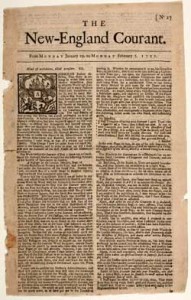 The New-England Courant, front page, No. 27, Monday, January 28 to Monday, February 5, 1772. James Franklin, printer, Boston, Massachusetts. Courtesy of the American Antiquarian Society, Worcester, Massachusetts. Click to expand in new window.