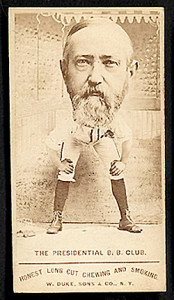 Fig. 8. Duke Tobacco printed a series of baseball cards depicting the 1888 presidential candidates as ballplayers. "Duke & Sons Tobacco Company, Benjamin Harrison," Presidential B.B. Club Card Series (1888).