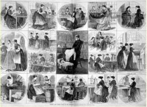 Fig. 2. Stanley Fox, "Women and their Work in the Metropolis." From Harper’s Bazar (April 18, 1868). Courtesy of the American Antiquarian Society. A larger version of this image can be viewed on the AAS Website. (Click image to enlarge.)