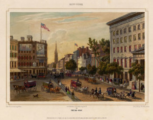 Fig. 10. Augustus Köllner, Broad-way (New York and Paris, 1850). The stylish pedestrians along the edges of this print can be detected surveying shop windows as well as strolling and pausing watchfully along one of New York's major avenues. Courtesy of the American Antiquarian Society.