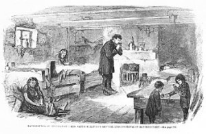 Fig. 12. "Backgrounds of Civilization—Mrs. Sandy Sullivan's Genteel Lodging House in Baxter Street," from New York Illustrated News, February 18, 1860. This woodcut illustrated an investigative article on New York's notorious Five Points slum. Negative number 44728. Courtesy of the New-York Historical Society.