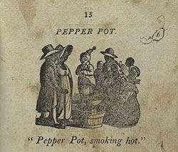 Fig. 3. "Pepper Pot," from Cries of Philadelphia: Ornamented with Elegant Wood Cuts (Philadelphia, 1810). An example of American "street cry" prints, this woodcut provides an early national illustration of African Americans—shown here as both seller and buyers—whose presence would contribute importantly to antebellum northern urban populations. Courtesy of the American Antiquarian Society.