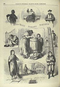 Fig. 5. "New-York Street Figures," from Ballou's Pictorial Drawing-Room Companion 8:20 (Saturday, May 19, 1855). The article accompanying this illustration identifies its subjects as a chimney and street sweeper, two Chinese immigrants, an omnibus driver, two female dealers in rags and glass (cast as the centerpiece figures), and several street hawkers. Courtesy of the American Antiquarian Society.