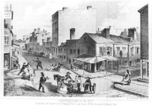 Fig. 7. "The Five Points in 1859," from the Manual of the Corporation of the City of New York for 1860.The print flavors its handling of a well-known New York slum with deadpan but still condemnatory noticings of poverty linked to disorder. Ramshackle buildings coincide with what white viewers of the time would probably have taken as disturbingly unchecked racial mixings (the black presence including a foregrounded man in strikingly—and likely offputtingly—upscale apparel). Likewise marking the chaos, a policeman poised for action is set, uselessly, near a woman falling down and not far from a beckoning prostitute (her raised skirt and dragged foot the give-away signals). Courtesy of the Library Company of Philadelphia.