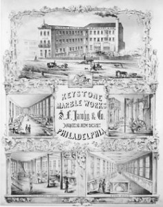 Fig. 8. "Keystone Marble Works, S. F. Jacoby & Co.," advertisement, published in Colton's Atlas of America (New York, 1856). Lithograph printed by Herline & Co. Courtesy of the Library Company of Philadelphia.