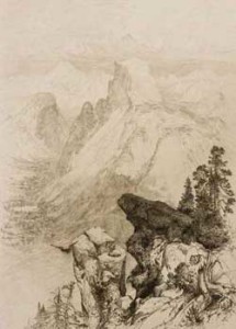 Fig. 1. Thomas Moran’s etching The Half-Dome—View from Moran Point is the first plate in the book and perhaps the most beautiful. Moran had visited the West to sketch for major paintings as well as illustrations. Courtesy of Special Collections, University of Virginia Library.
