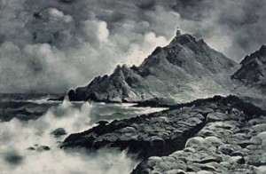 Fig. 14. Photogravure, Farallones Islands, from a painting by Julian Rix. Text and images mention California’s dramatic coastline. Courtesy of Special Collections, University of Virginia Library.
