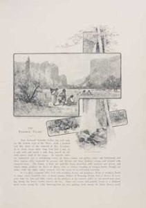 Fig. 5. Chapter opening, "The Yosemite Valley," with overlapping wood engravings: Indian Squaws Gathering Strawberries in the Valley, by Thomas Hill, engraved by C. Woodley; The Upper Yosemite Fall, by George Spiel. Courtesy of Special Collections, University of Virginia Library.