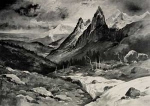 Fig. 6. Many images show formidable peaks with glaciers, such as the photogravure of Tatoosh Mountains (Looking West from Camp of the Clouds), from a drawing by Victor Perard, after a painting by William Keith. These mountains are in Washington, near Mount Rainier. Courtesy of Special Collections, University of Virginia Library.
