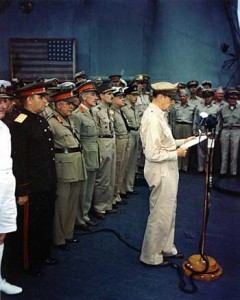 Fig. 5. Photo of Douglas MacArthur in front of Commodore Perry's flag at the Japanese surrender ceremonies aboard USS Missouri in Tokyo Bay, September 2, 1945. Photo courtesy of the Navy Historical Center.