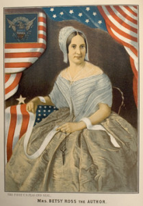 An example of the veneration of Betsy Ross in the late nineteenth century. "The First U.S. Flag and Seal, Mrs. Betsy Ross the Author." Frontispiece from Col. J. Franklin Reigart, The History of the First United States Flag, and the Patriotism of Betsy Ross, The Immortal Heroine That Originated The First Flag of the Union (1878). Courtesy of the American Antiquarian Society.
