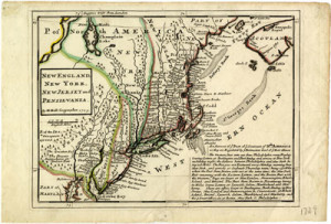 New England, New York, New Jersey and Pensilvania. An Account of ye Post of ye Continent of Nth America, Herman Moll, geographer, engraving with watercolor, 22.5 x 33.3 cm. (1729). From Moll's Atlas minor: or a new and curious set of sixty-two maps (London, ca. 1730). Courtesy of the American Antiquarian Society, Worcester, Massachusetts. Click image to expand