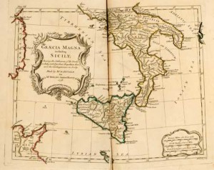 Fig. 2. Graecia Magna including Sicily, drawn by Jean Baptiste Bourguignon d'Anville, geographer (1738). From Jean Baptiste Bourguignon d'Anville, Twelve Maps of Antient Geography Drawn by Sieur Danville…and Designed for the Explanation of Mr. Rollin's Antient History (London, 1750): plate VII. Courtesy of the American Antiquarian Society, Worcester, Massachusetts.