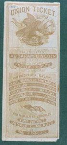 Figs. 9 and 10. This California ballot for the 1864 presidential election depicts a famous sea battle off the coast of Cherbourg, France, in June 1864, a Union victory by the sloop-of-war Kearsarge against the Confederate merchant-raider Alabama. Images of this battle had been made famous in widely circulated newspaper etchings, amateur sketches, and lithographic prints, as well as in paintings by Edouard Manet and others. Somewhat chilling here are the bobbing Confederate sailors, especially in light of Confederate claims (disputed by the Union) that the Kearsarge had been purposely slow to pick them up. The British yacht the Deerhound, at the center, along with French boats, helped to rescue them. Courtesy of the American Antiquarian Society, Worcester, Massachusetts. Click to enlarge in a new window.