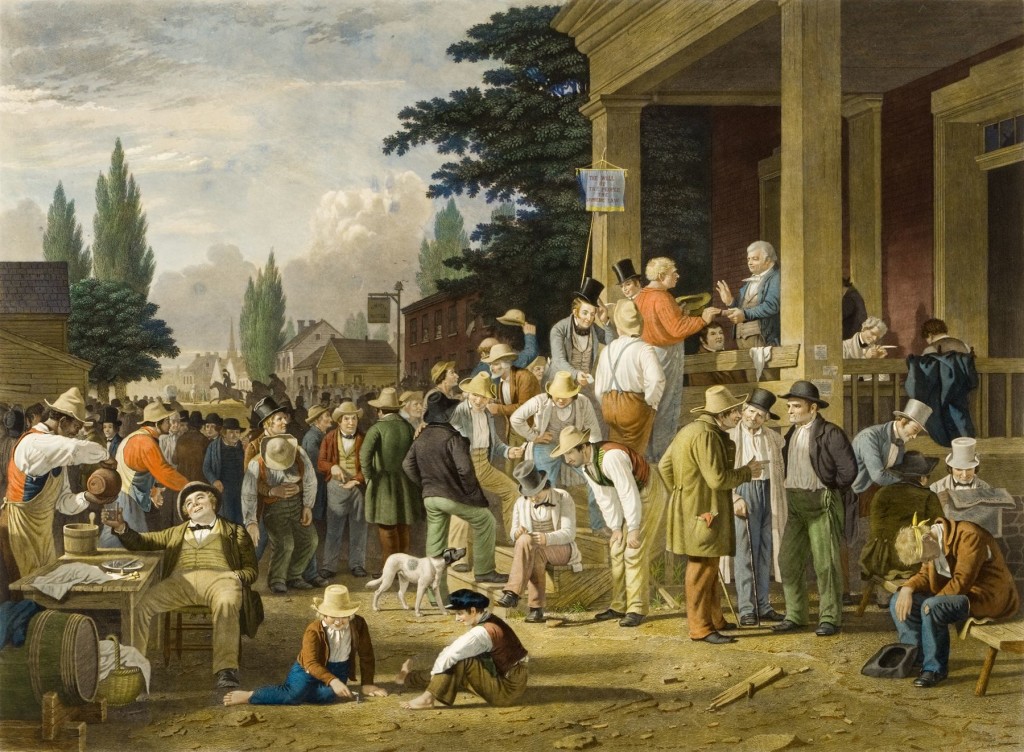 Fig. 1. The County Election, George Caleb Bingham, oil on canvas, 35 and 7/16 x 48 3/4 inches (1851-1852). Courtesy of the St. Louis Art Museum.